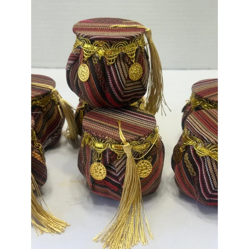 Set of 10 Decorative plastic Jars with Fabric Lids and Embellishments‎